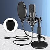 Micrófono USB y micrófono de podcast para computadora portátil, micrófono para juegos Plug & Play con base fija y filtro pop para grabación de voz, transmisión de Youtube,transmisión en PC y Mac