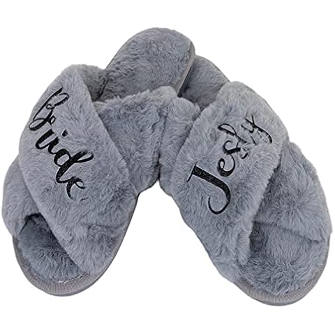 Personalized Fluffy Bridal Slippers - Open-Toe Bride Squad Slippers - Cozy and Furry House Slippers for Women - Customized Cute Name Plush Slides for Bridesmaids, Girlfriend, Sister, Mom - Gray Cover