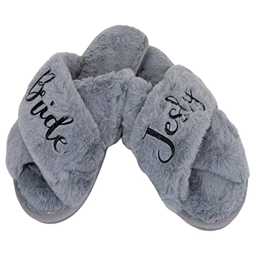 Personalized Passion Fluffy Bridal Slippers - Custom Name Open-Toe Bride Squad Slippers - Cozy & Furry House Shoes for Women - Plush Slides for Bridesmaids, Sister, Mom, Girlfriend