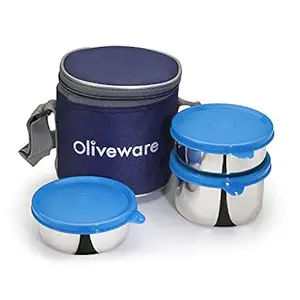 Lovely Stylo Lunch Box, Leak Proof & BPA Free Lid, 3 Stainless Steel Containers (250ml, 250ml & 500ml), Fabric Jacket - Blue