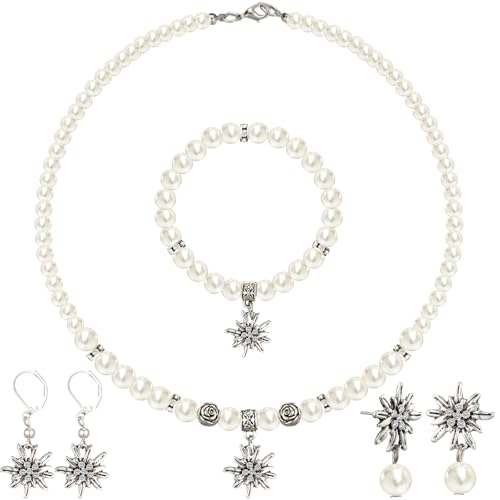 4 Pcs Oktoberfest Jewelry Set Edelweiss Necklace Bracelet and Earrings Traditional Bavarian Jewelry Set Pearl German Rhinestone Pendant for Women