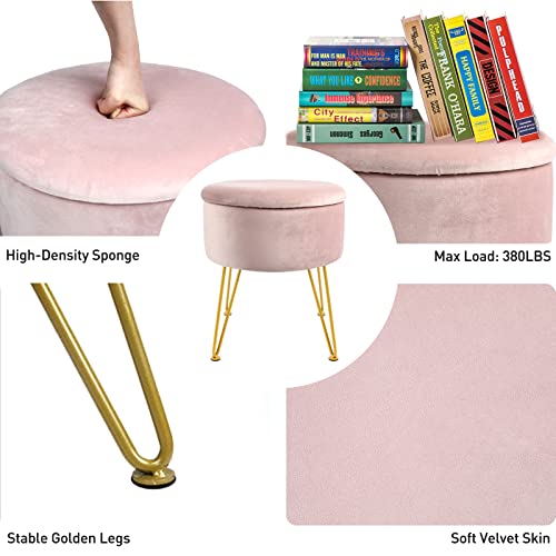 Ecomex Velvet Round Ottoman With Storage, Metal Legs, Coffee Table Tray Cover Footstool Makeup Vanity Stool Modern Furniture For Living Room Bedroom, Pink #TOP3