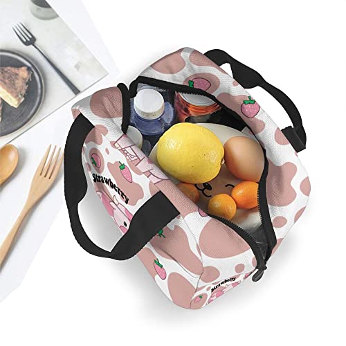 Evesky Strawberry Cow Lunch Box Reusable Lunch Bag Cartoon Pink Tote Bag With Front Pocket For Women/Men Work School Girl Boy Picnic Travel #TOP4