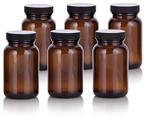 JUVITUS 5 oz Amber Glass Packer Bottle with Black Ribbed Lid (6 pack)