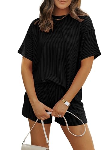 MARZXIN Women's 2 Piece Outfits Summer Tracksuit Ribbed Textured Knit Loose Lounge Shorts Set Short Sleeve Matching Sets Black L