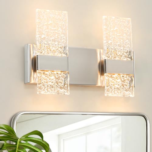 Image of Modern Brushed Nickel 2 Lights Bathroom Vanity Light, LED Bathroom Light Fixtures Over Mirror, Dimmable Acrylic Wall Lighting Fixtures, Hardwired Wall Light(H9.25in, L13.78in)