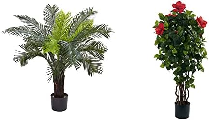 Nearly Natural 6817 Cycas Indoor/Outdoor UV Resistant Tree, 3',Green & 4’ Hibiscus Artificial Tree, 4ft, Green
