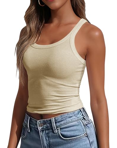 GEMBERA Womens Scoop Neck Sleeveless Fitted Ribbed Knit Basic Layering Cropped Tank Top Shirts Camisole(3020 Beige Tan S)