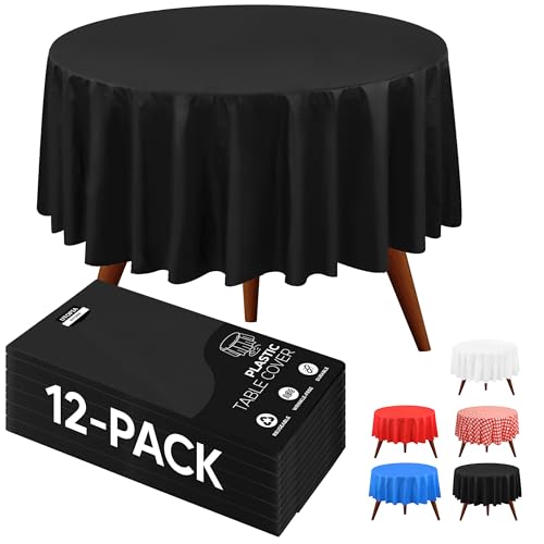 Utopia Kitchen Plastic Table Cloth Disposable (12 Pack - 84 Inch) Black Round Tablecloth Waterproof Stain Resistant Party Table Cover