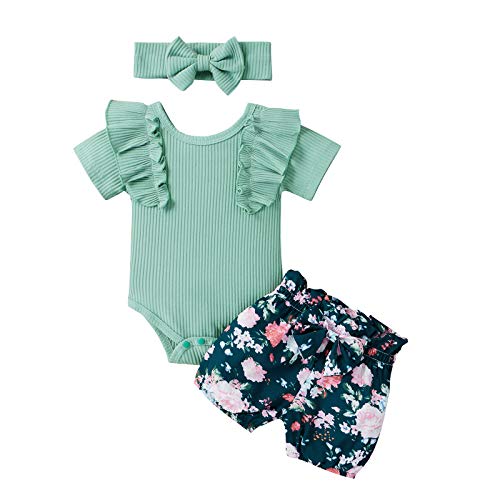 Image of Gouldenhui Summer Newborn Baby Girl Clothes Infant Ruffle Short Sleeve Ribbed Bodysuits Top+Floral Shorts 3PCS Outfits Set, Floral Green Set, 0-3 Months