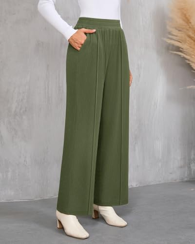 Ficerd Women's Wide Leg Lounge Pants with Pockets, Casual Work Baggy Pant Elastic Waist Sweatpants Loose Ribbed Trouser3