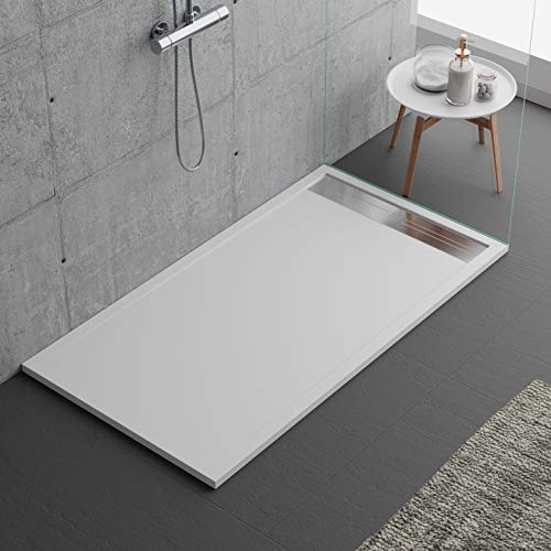 piatto doccia bianco, design moderno, modello Malaga, in marmo e resina ad pietra effetto ardesia, luxury, gelcoat, slim 3cm (70x90)