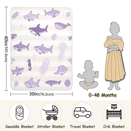 Custom Ocean Animal Fish Shark Lilac Purple Stripe Muslin Blanket Cozy Custom Prints Dog Baby Blanket for Nursery Stroller Crib 30x40in cobija personalizada para3