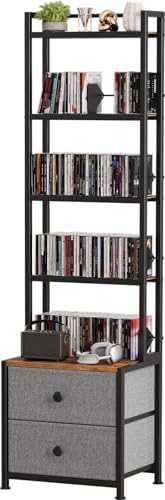 Epouseter CD Storage Rack with Drawer, 5-Tier DVD Organizer Shelf w/Adjustable Book Stoppers, Media Storage Rack for CD/DVD, Books & Games, Ideal for Living Room & Home Office – 15.7x11.8x56.5Inches