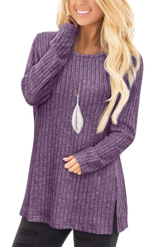 Image of Jescakoo Long Sleeve Shirts for Women Crew Neck Fall Tops Side Split Lightweight Tunic Sweaters Fashion Clothes 2025 S-4XL