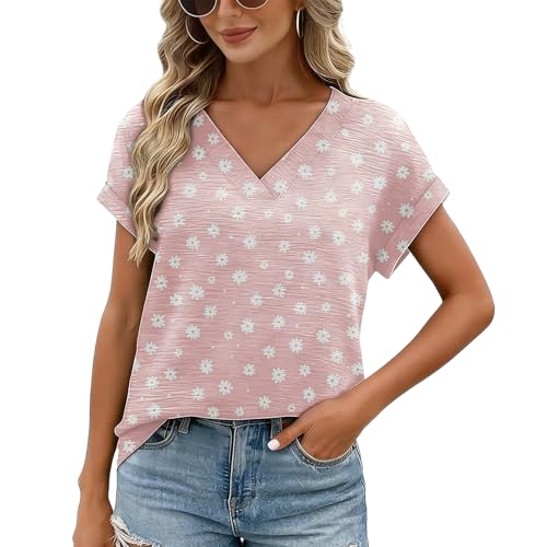 Womens Summer Tops 2026 Short Sleeve Shirts Outfits Loose Fit Blouses for Women Dressy Casual Fashion Plus Size Clothes Beach Vacation Flower-111 L