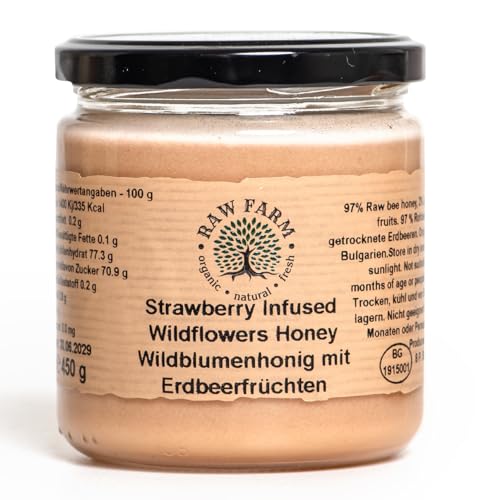 Raw Farm – Miel cruda de flores silvestres – 450 g – con frutos de fresa