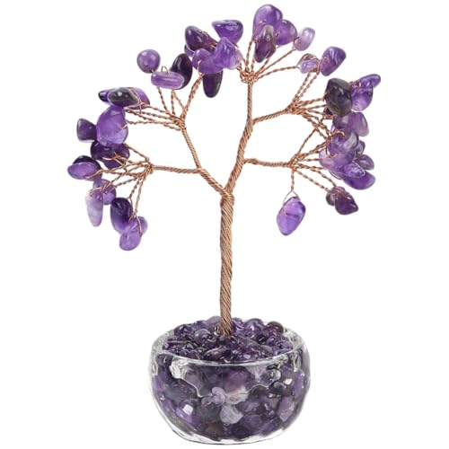 BEAMARKER Árbol de la Vida de Cristal de Amatista Natural, Adorno de Árbol de Dinero Positivo, Decoración Morada, Base de Vidrio con Alambre de Cobre, Piedra Feng Shui, Regalo para Mujeres, Hogar, Hab