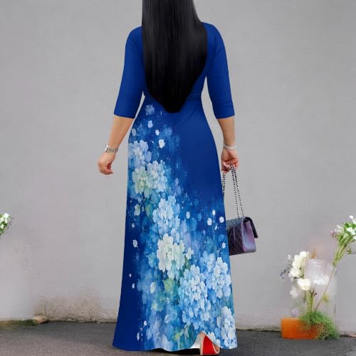 Image of Plus Size Maxi Dress for Women V Neck 3 /4 Sleeve Wrap Dress Blue S | Blue Floral Women's Maxi Dress for Mother's Day Wedding Women's Day