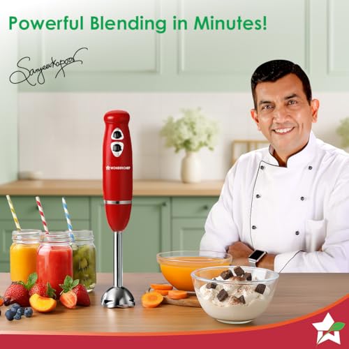 Image of Wonderchef Regalia Hand Blender Mixer | 350W | Sharp Stainless-Steel Blades | Dual Speed Settings | for Hot & Cold Blending | Detachable Blending Arm | 2-Year Warranty | Red