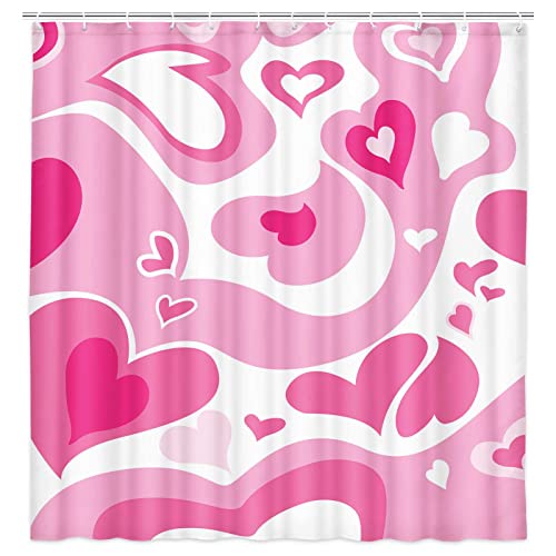 Uokiuki Cute 00S 90S Shower Curtain, Pink Cartoon Abstract Hearts Shower Curtain For Bathroom, Trendy 2000S Y2K Shower Curtain, Retro Glamorous Girl Fabric Shower Curtain With Hooks 69 X 70 In #TOP24
