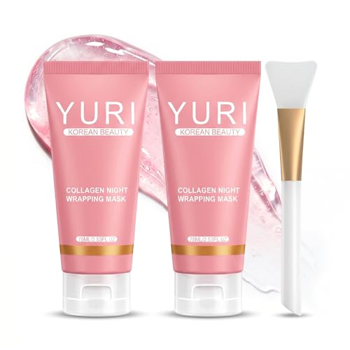 KutaKuta 2 PCS Organic Collagen Mask The Korean Beauty Secret Collagen Face Mask with Jelly Brush Jelly Collagen Night Wrapping Masks for Professional Korean Care Deep Moisture Skin Rejuvenation