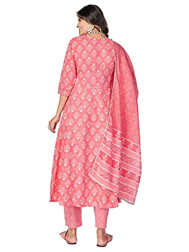 Image of Vbuyz Women's Printed & Handwork Anarkali Cotton Kurta with Pant & Dupatta | Kurta Set For Women | Suit Set For Women | Kurti Dress Set | Cotton Fabric Set