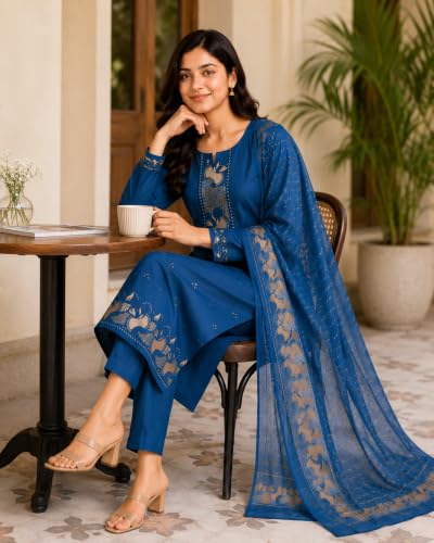 Image of KD Women Embroidery Rayon Kurta Pant Set with Dupatta | Kurta Set for Women | Daily Office & Festive Traditional | Stylish Kurti Pant Set with Dupatta