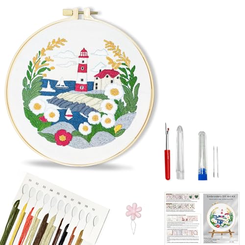 Image of Huacan 1pc Embroidery Kit, Needle Craft Handmade DIY Art Suitable for Adult Beginners, with Stamped Pattern, Instruction Manual, Embroidery Hoop, Colorful Threads and Needles