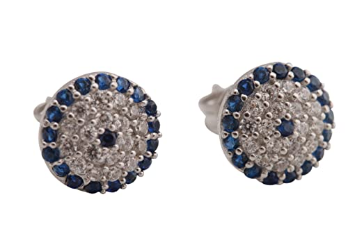 Nazar Turkish Handmade Jewelry Evil Eye Style Round Cut Sapphire Topaz 925 Sterling Silver Stud Earrings