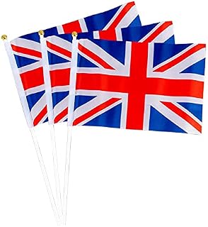 Trimming Shop Union Jack Hand Wave Flag 10pcs, Great Britain England National Stick Flags Hand Held Small Flag for Queen's Platinum Jubilee Celebration, Royal Events, BBQ, Party Decoration