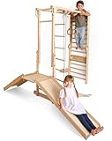 9-in-1 Holz-Indoor-Klettergerüst für Kinder, Montessori-inspiriertes Kletterset mit Sprossenwand, Monkey Bars, Klimmzugstange, Ringen, Schaukel, Strickleiter, Kletterbrett, Rutsche & Plattform