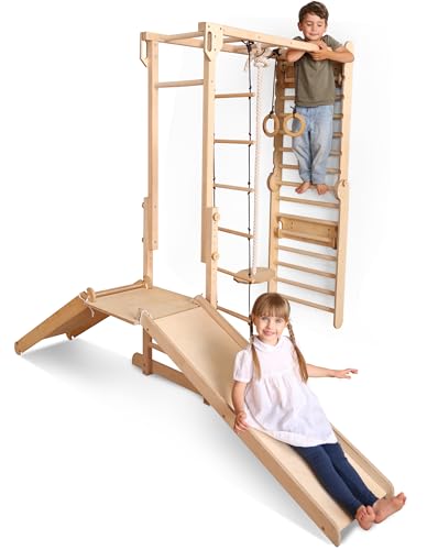 Goodevas Holz Indoor Klettergerüst für Kinder – Montessori Kletterrahmen 9-in-1 mit Sprossenwand, Affenschaukel, Klimmzugstange, Ringen, Schaukel, Strickleiter, Kletterbrett, Rutsche & Plattform