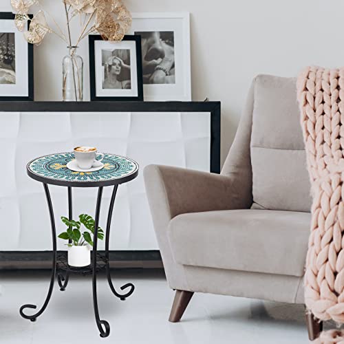 Vipush Mosaic Outdoor Side Table, 14" Round Folding End Table, Patio Accent Table Indoor Plant Stand For Living Room,Geramic Table Top Black Iron,Green #TOP5