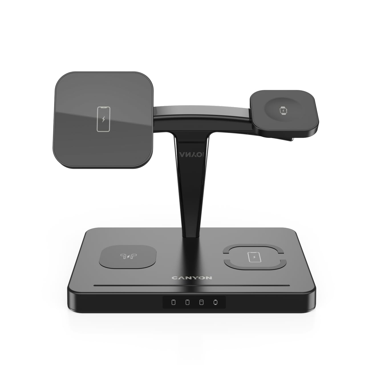 CANYON WS-404 - Stazione di ricarica wireless 4 in 1, 15 W, caricatore rapido per 2 smartphone, Apple Watch e auricolari Qi, modulo di ricarica magnetico, design a supporto, adattatore QC36W incluso