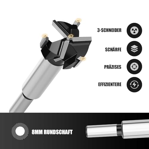 Forstnerbohrer 32mm Holz, Holzbohrer mit Rundschaft, Forstner Bohrer für Hölzer,Spanplatten,Faserplatten