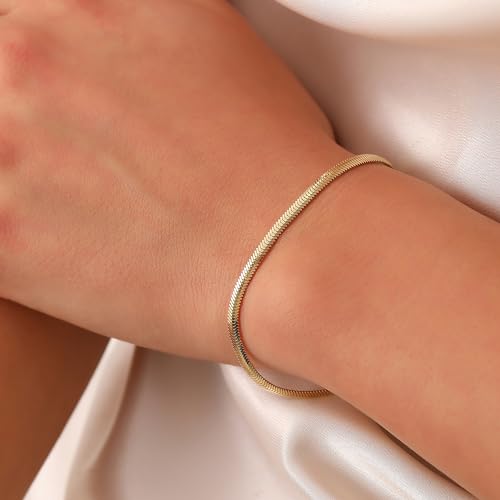 Snake Bracelet, 14K Real Gold Herringbone Bracelet, Minimalist Gold Snake Bracelet, Dainty Custom Snake Bracelet2