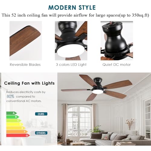 Image of JSAITEE Ceiling Fans with Lights, 52 Inch Low Profile Ceiling Fan with Light and Remote Control, Flush Mount, DC Reversible Motor, Noiseless, Brown 6 Speeds Ceiling Fan for Bedroom
