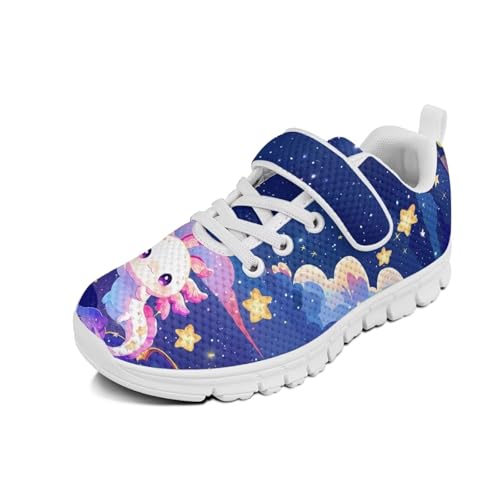 Boys Girls Sneakers Kids Lightweight Breathable Strap Athletic Running Shoes for Little Kid/Big Kid Axolot Star Cloud Sky Pattern（White Sole）