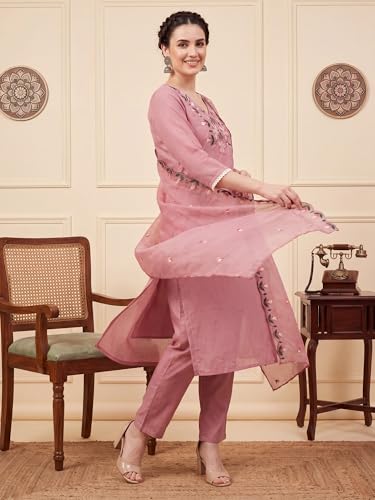 Image of INDO ERA Women's Cotton Blend Solid Straight Kurta Palazzo With Dupatta Set