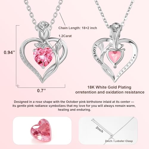 Image of 1.2CT Rose Heart Necklace Option of Moissanite or Lab-Grown Sapphire Ruby Emerald Necklace for Women Birthstone Girlfriend Necklace S925 Sterling Silver 18K White /Rose Gold Plated D Color VVS1 Gift for Wife Mother Daughter for Birthday Anniversary Christmas Engraved 'I Love You'