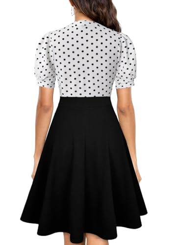 Image of Mokayee Womens Summer Short Puff Sleeve Casual Semi-Formal Fit and Flare Church Wedding Guest Work Dresses with Pockets