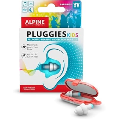 Alpine Pluggies Kids Ear Plugs for Small Ear Canals Noise Reduction Earplugs for Children Age 512 Reusable Hearing Protection for School, Swimming, Travel, Flying & Events 25 dB Hypoallergenic