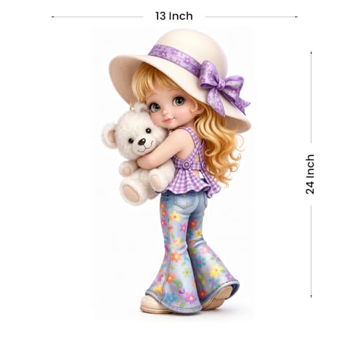 Image of Rangoli Cute Girl Teddy Wall Sticker 13 x 24 Inch Cartoon Kids Design Self Adhesive Wall Decor for Nursery Baby Room Kids Bedroom Playroom Wall Art