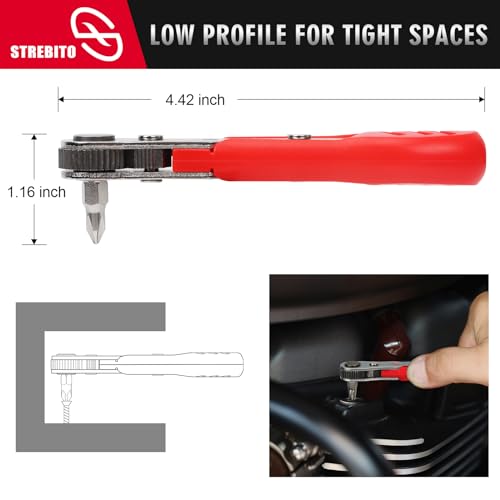 Image of STREBITO Right Angle Screwdriver 14 Piece Mini Ratchet Set, Offset Screwdriver Low Profile Ratchet Screwdriver Set with 1 /4 Ratchet, Hex, Phillips, and Torx, EDC Bit Driver for Tight Spaces, Bike