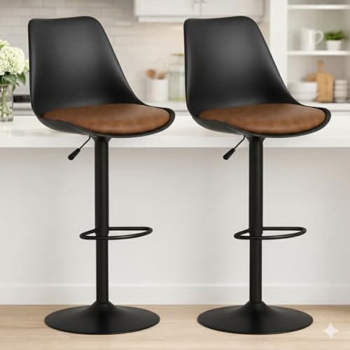 Image of REVOLVING Height Adjustable 360 Swivel BAR Stool /Kitchen Chair Suitable for Kitchen, Cafeteria, Dining, Office, Shops, Counter, Breakfast, Pub (Black Base) (Black & Brown)