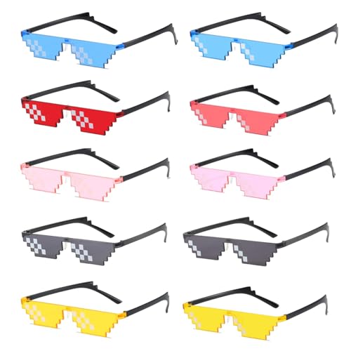 Gykutix 10 Pares Gafas Fiesta Píxeles Gafas de Fiesta Divertidas Thug Life gafas de Sol de Píxel Mosaico gafas de Pixeladas Diseño para Adulto Niños Carnaval Fiestas Cumpleaños Temáticas (5 Colores)