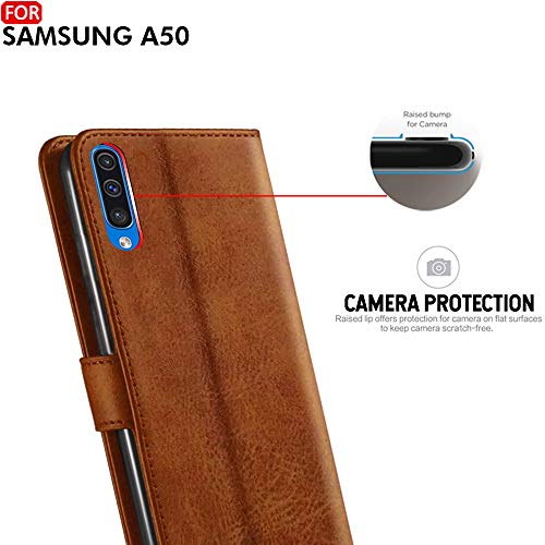 Image of TheGiftKart Genuine Leather Finish Flip Cover for Samsung Galaxy A50s / A50 / A30s | Inside Pockets & Inbuilt Stand | Wallet Style Back Case | Designer Button Magnet Closure (Brown)