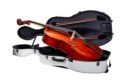 Crossrock Ultra-light Fiberglass Cello Case with Wheels-Fits 4/4 Full-size Cello- Includes Padded Music Pouch, 3 Handles, Removable Shoulder Straps, TSA Lock-White (CRF5030CEFWT)