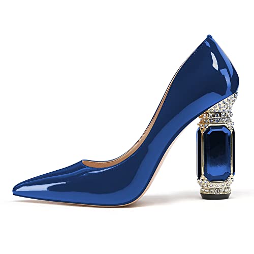 Image of JANSEVEN Women Chunky Heels Pumps Crystal Block Heels with Rhinestones Pointed Toe Sexy Gradient Patent Leather Slip on Bridal Party Wedding Dress Shoes 5-13 M US